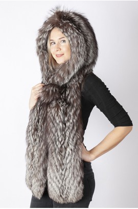 Silver fox fur hood-scarf